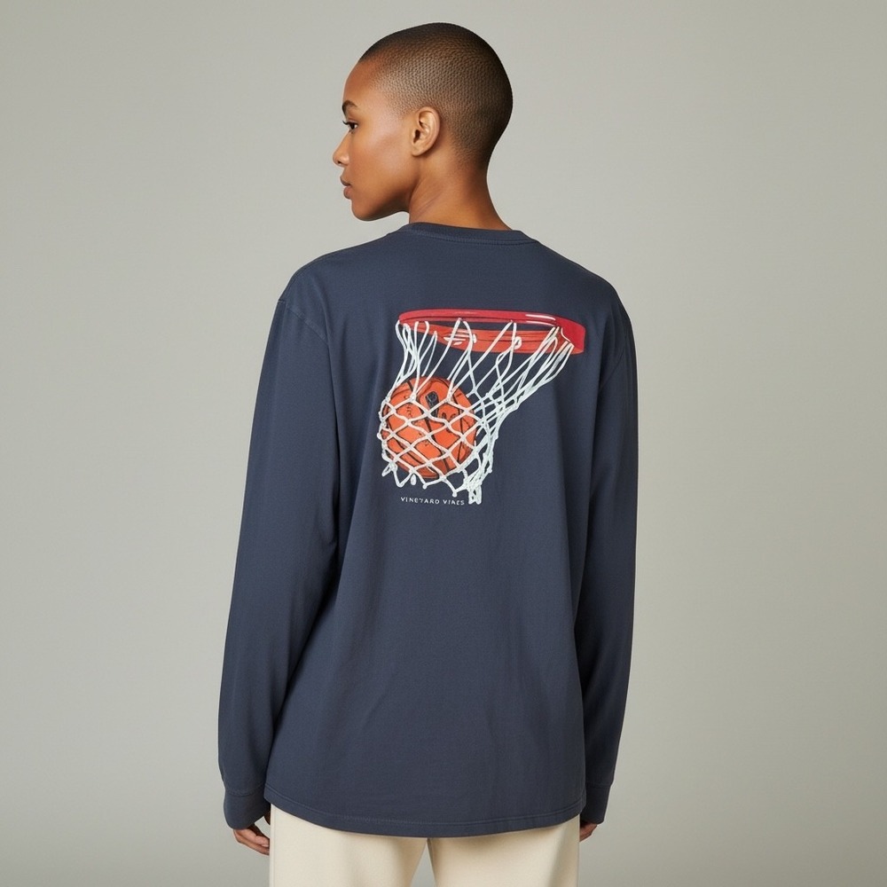 Vineyard Vines Mens XL Navy Blue Basketball Graphic Long Sleeve Pocket T-Shirt